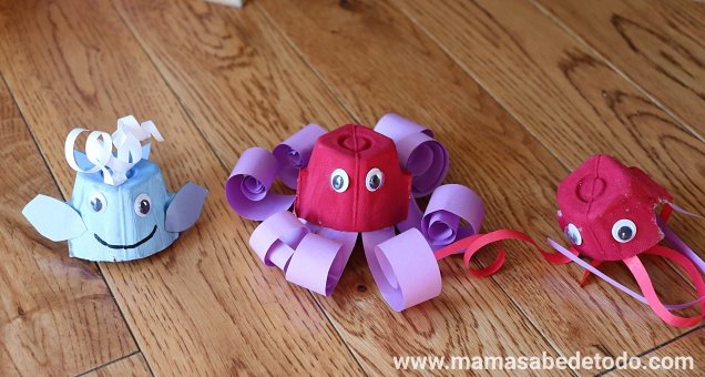 Octopus, jellyfish, whale, made with egg cartons. Crafts made with egg cartons.