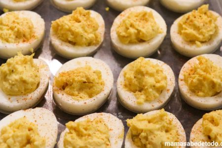A tray of stuffed eggs, deviled eggs, or deviled eggs
